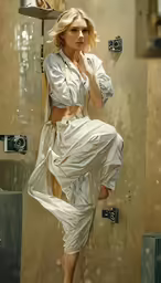 a woman leaning on the edge of a shower wearing a dress