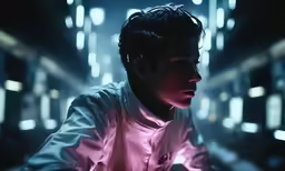 a man wearing a white jacket is standing in a corridor