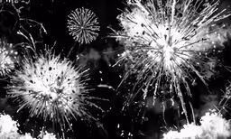 black and white fireworks in a sky above clouds