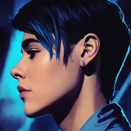the woman is wearing earrings and looks off to the side,a digital portrait of a woman with her hair cut into sideburns
