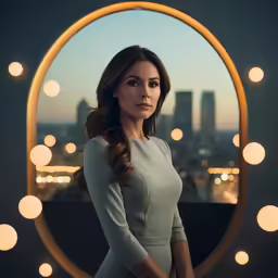 woman with a ponytail looking through a circle mirror