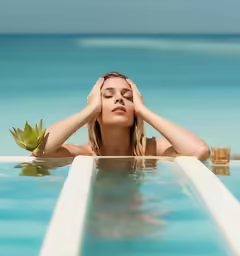 a woman is laying in the pool with her hands on her head