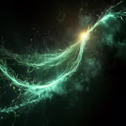 a long, bright green spiral of stars and lightening in the dark