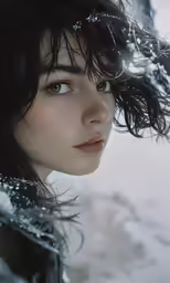 a woman with wet hair looking ahead in the snow