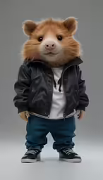 a small brown animal in a jacket and pants