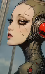 a woman with a scissor headpiece in front of a blue sky