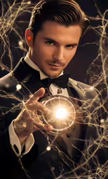 a young man wearing a tuxedo holds a crystal ball