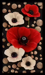 four red and white flowers on top of rocks