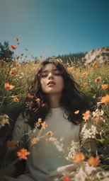 young woman in floral field, relaxing in sun