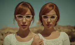 two young women standing together in front of mountains