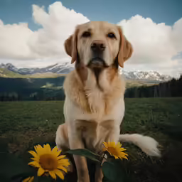 a large golden retriever sitting in a field with two flowers