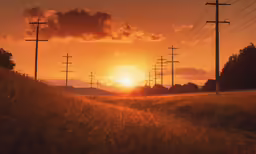 the sun is setting behind electrical poles in a field