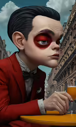 a very creepy looking man drinking wine from a glass