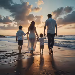 the family walks along the beach as the sun sets