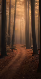 sunbeams shining through the fog in a misty forest
