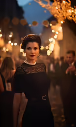 a woman is dressed in black and standing on a sidewalk