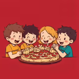 a drawing of a boy and four girls standing in front of a pizza