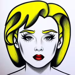 a drawing of a blonde haired woman with bright eyes,a drawing of a woman with bright yellow hair,a drawing of a woman with yellow hair and makeup,a drawing of a woman with yellow hair,a drawing of a blond haired woman with bright yellow hair
