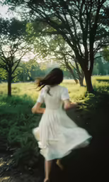 the woman in the white dress is running away from the camera