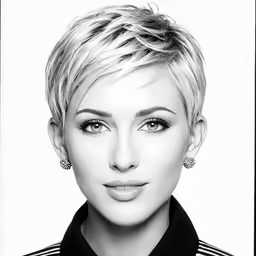 a woman is shown with short blonde hair
