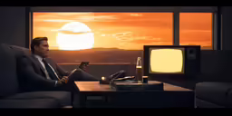a man sitting on a couch next to a tv