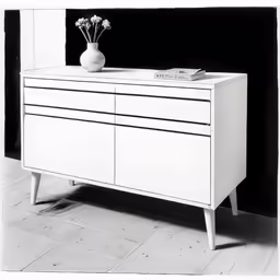 an old fashioned dresser is next to a wall with vase