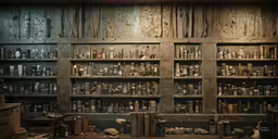 an old building with a lot of bottles on the shelves