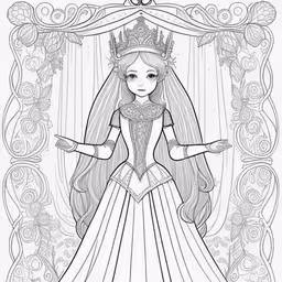 a drawing in black and white, with a picture of a princess in the middle,a princess with long hair in a white dress and tiara is in a frame, she has her hands extended, her face obscured by hands