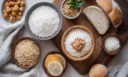 a cutting board with two bowls of rice and three bowls of nuts
