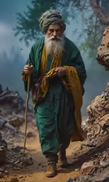 a man in an outfit is walking with a stick