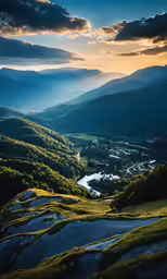 a picture of mountains and plains that are illuminated