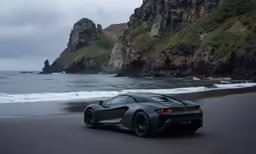 a gray supercar drives past a rocky cliff