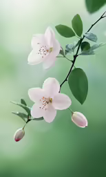 a branch with flowers in it next to green leaves