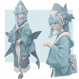 two anime characters in costumes on their heads