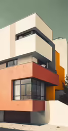 an architectural photo of a building with multi - colored sections on top