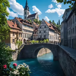 this photo depicts some buildings on the side of a river and a bridge in between it