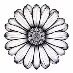 an illustration of a daisy flower,a black and white drawing of a flower,an ink drawing of a flower,an illustration of a white flower in a circle,an abstract flower design that uses a black and white color scheme
