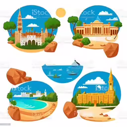 an illustrated illustration of different countries on the white background,a set of travel images in four different style royalty
