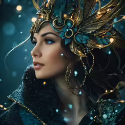 a woman with a feather hat and jewels in her hair