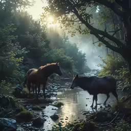 two horses in a forest with a stream