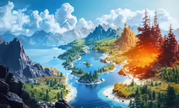 a bird flying over a large forest filled countryside