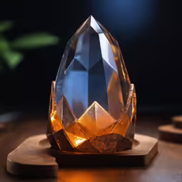 an orange crystal ornament sitting on a wooden surface