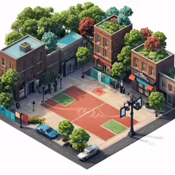 a low poly design of a small basketball court