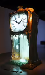 a clock with a puddle of water falling out of it