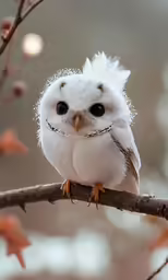a snowy owl with dark blue eyes is perched on a branch