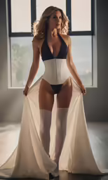 the woman is wearing a sexy outfit with stockings