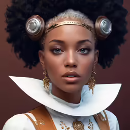 a woman in overalls with her hair styled to look like afrocentric