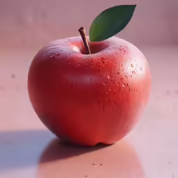 a red apple with a leaf and water drops
