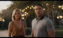 a man and woman standing next to each other in front of some trees