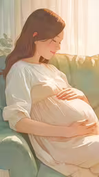 a pregnant woman sitting on a couch with her belly wrapped up,there is a young woman with an unbuttoned pregnant belly
